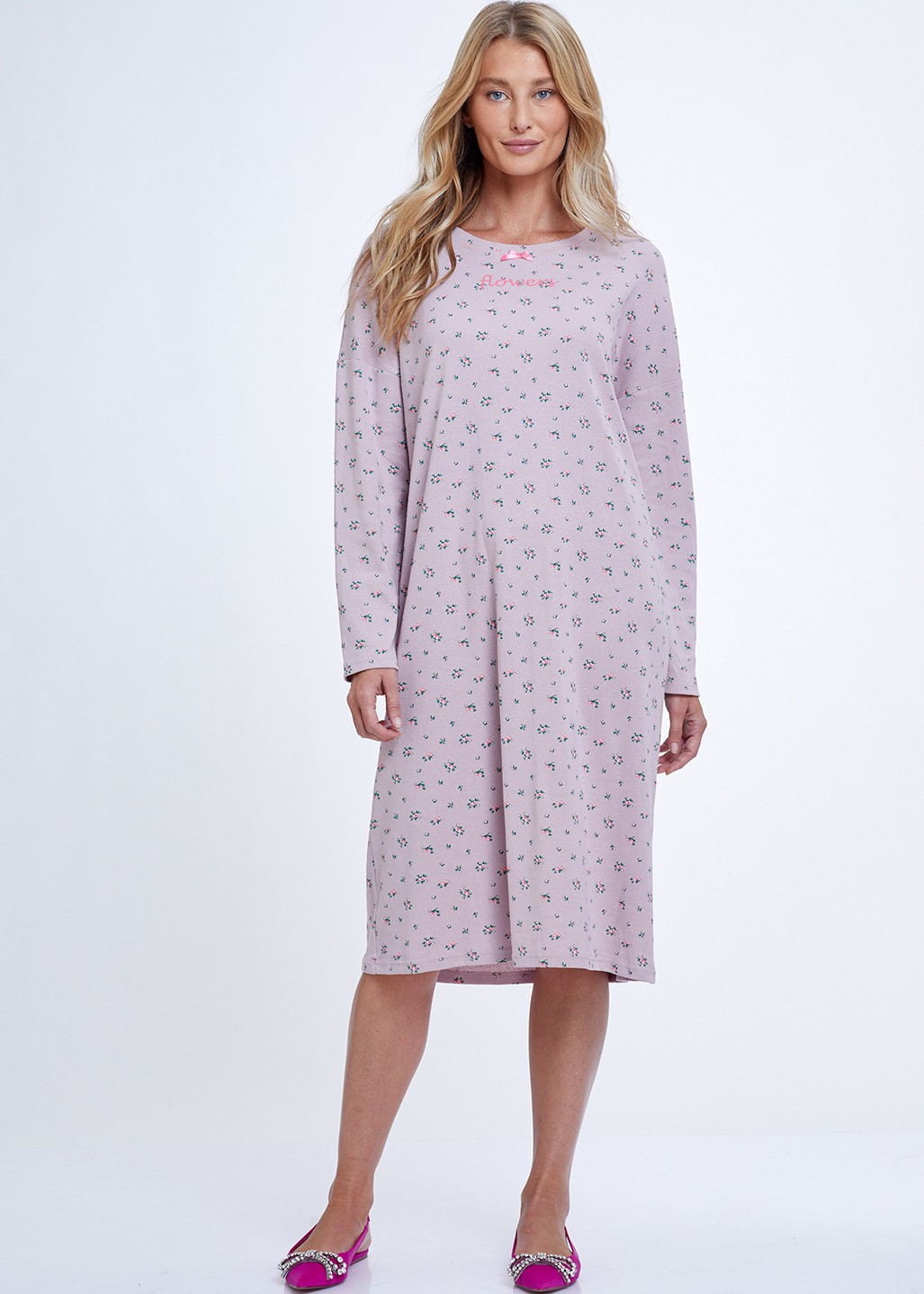 Flowers Rib Night Dress כותונת 100% כותנה (Pajamas)
