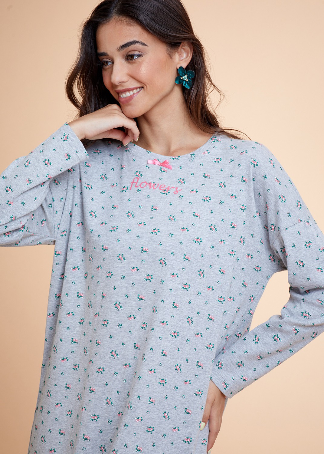 Flowers Rib Night Dress כותונת 100% כותנה (Pajamas)