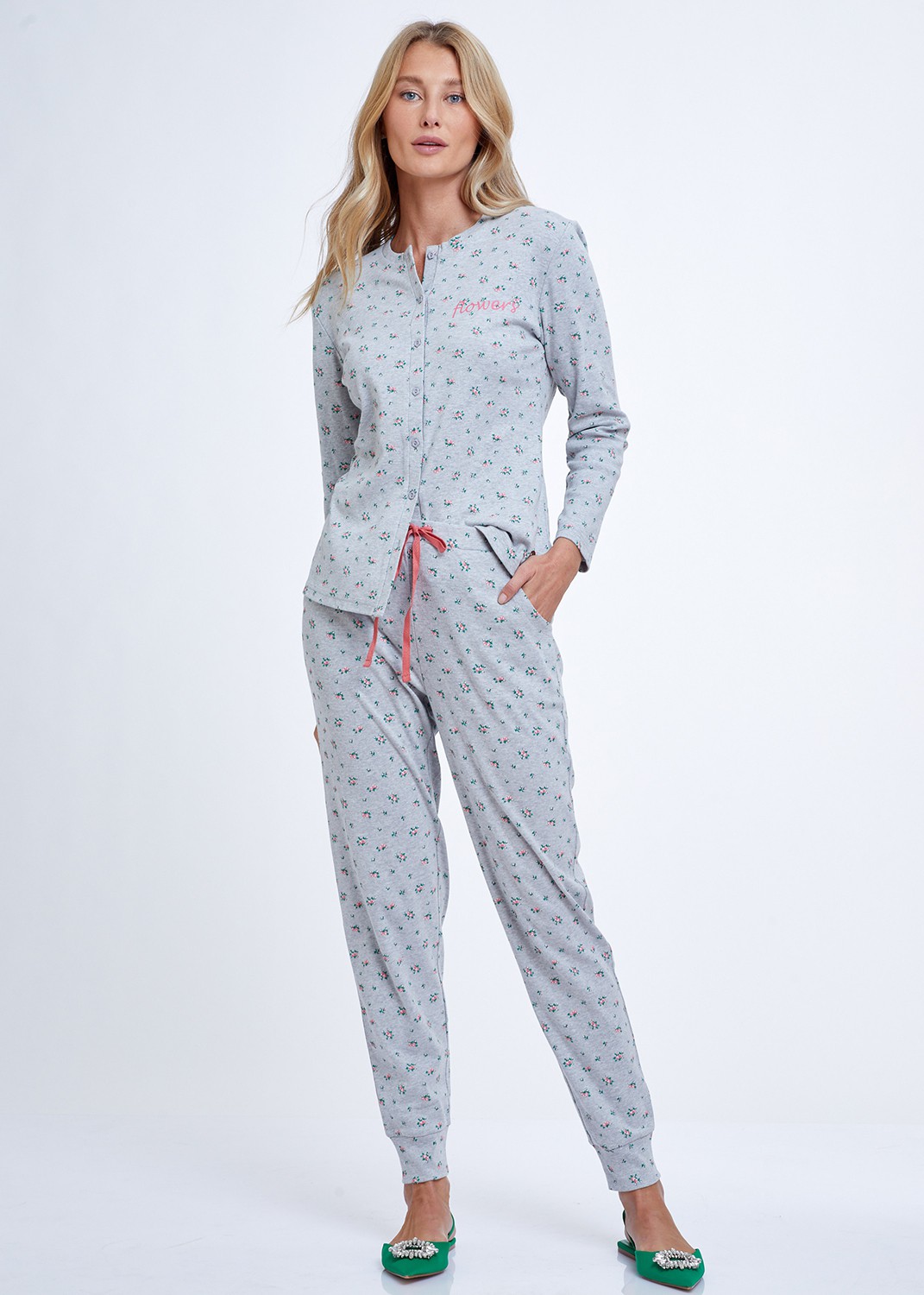 סט פיג'מה 100% כותנה Flowers Rib Buttons PJ (Pajamas)