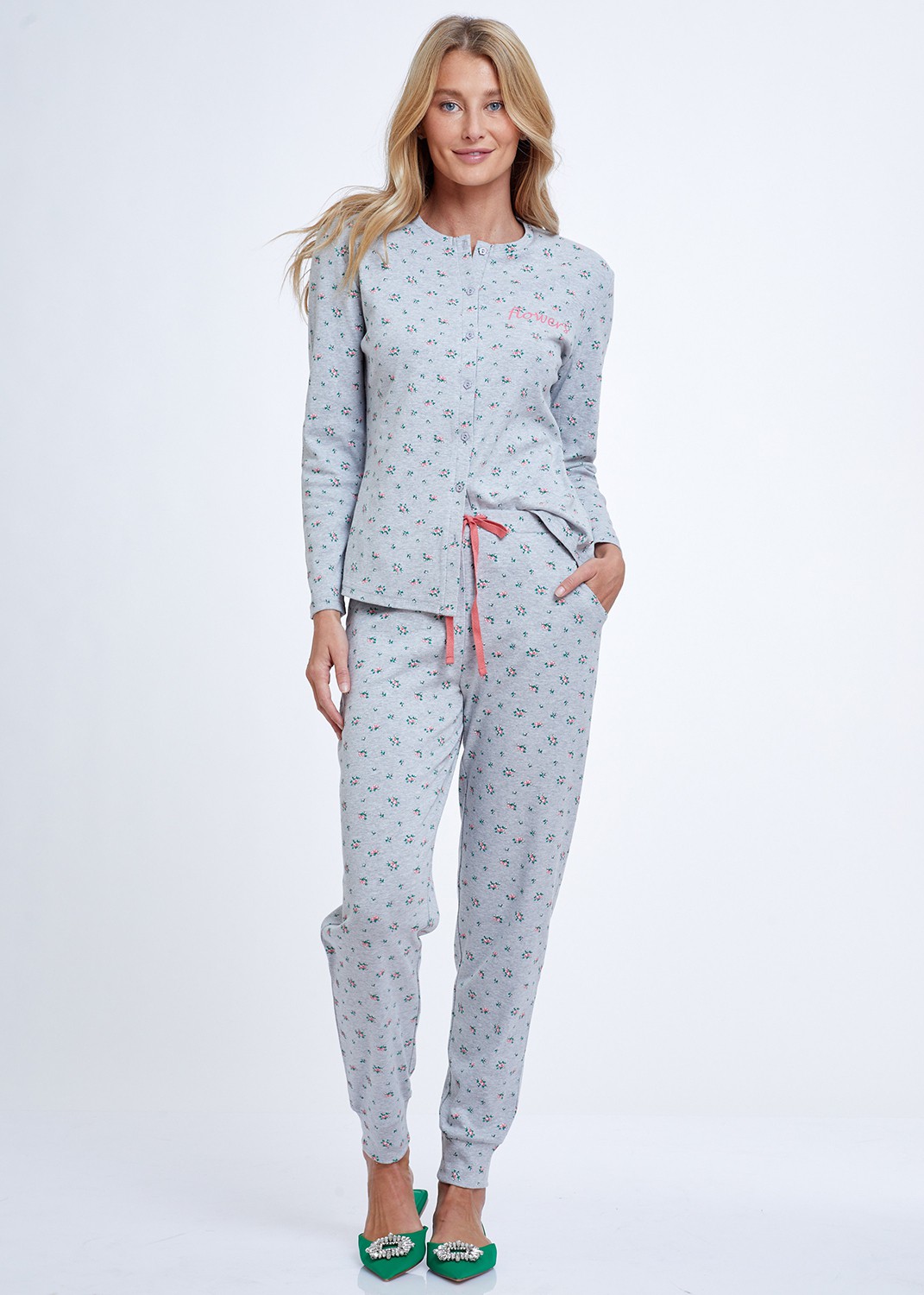 סט פיג'מה 100% כותנה Flowers Rib Buttons PJ (Pajamas)