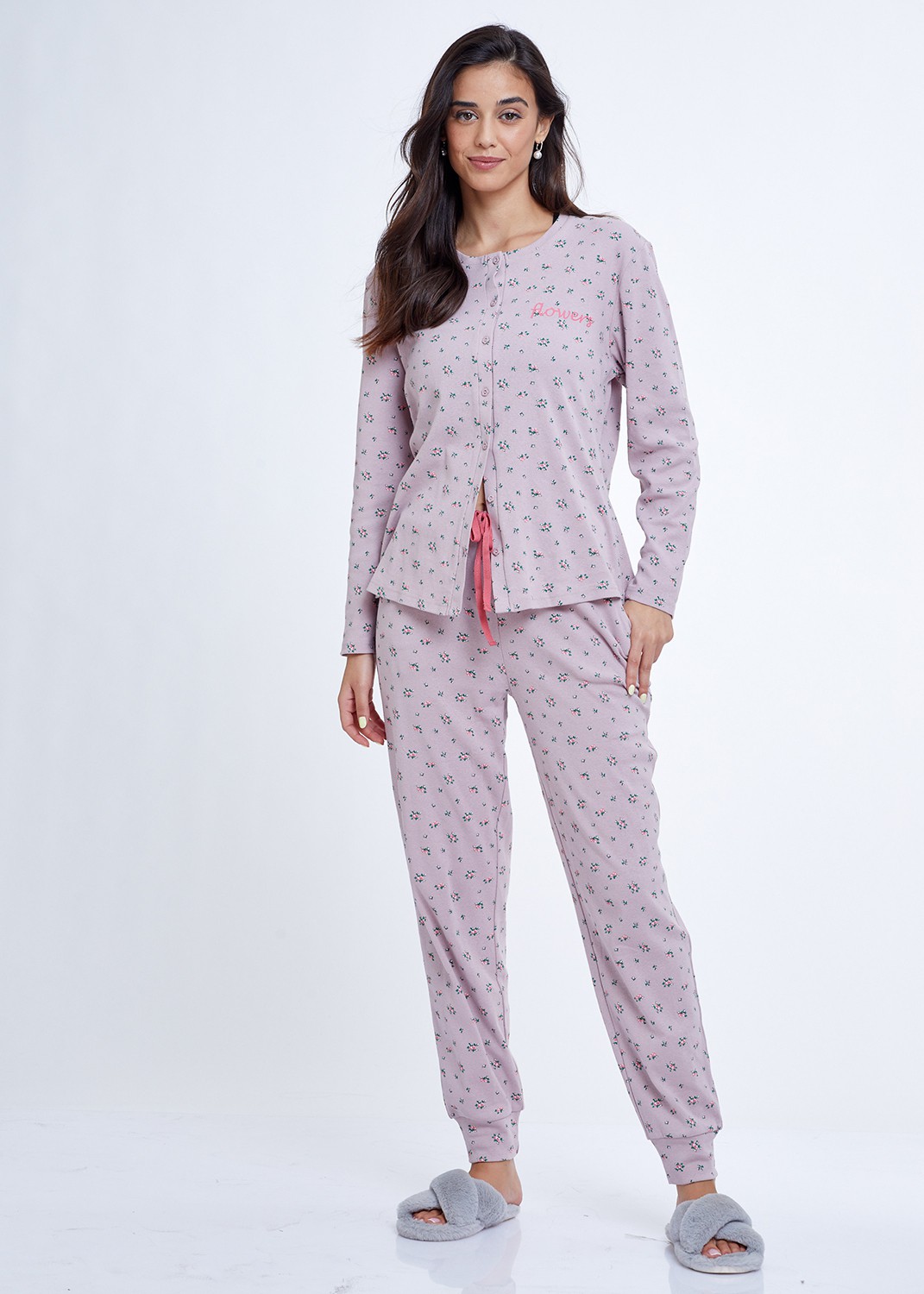 סט פיג'מה 100% כותנה Flowers Rib Buttons PJ (Pajamas)