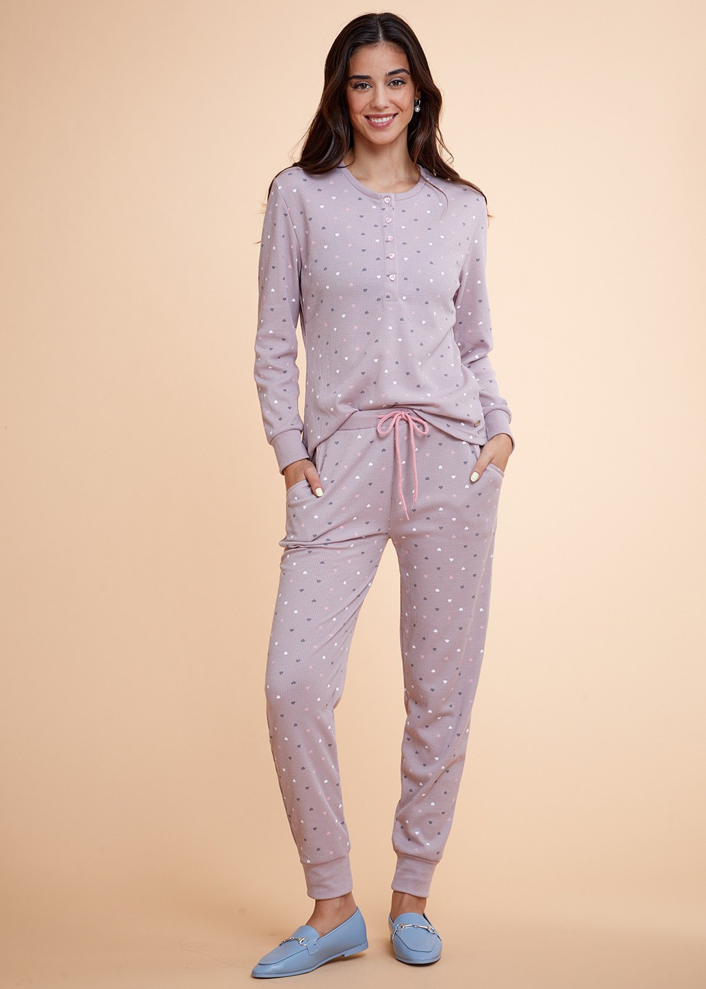 סט פיג'מה 100% כותנה Hearts Waffle Buttons PJ (Pajamas)