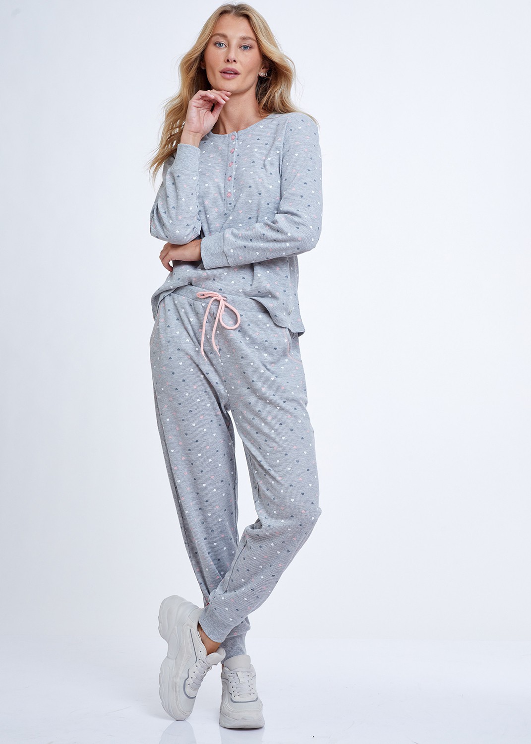 סט פיג'מה 100% כותנה Hearts Waffle Buttons PJ (Pajamas)