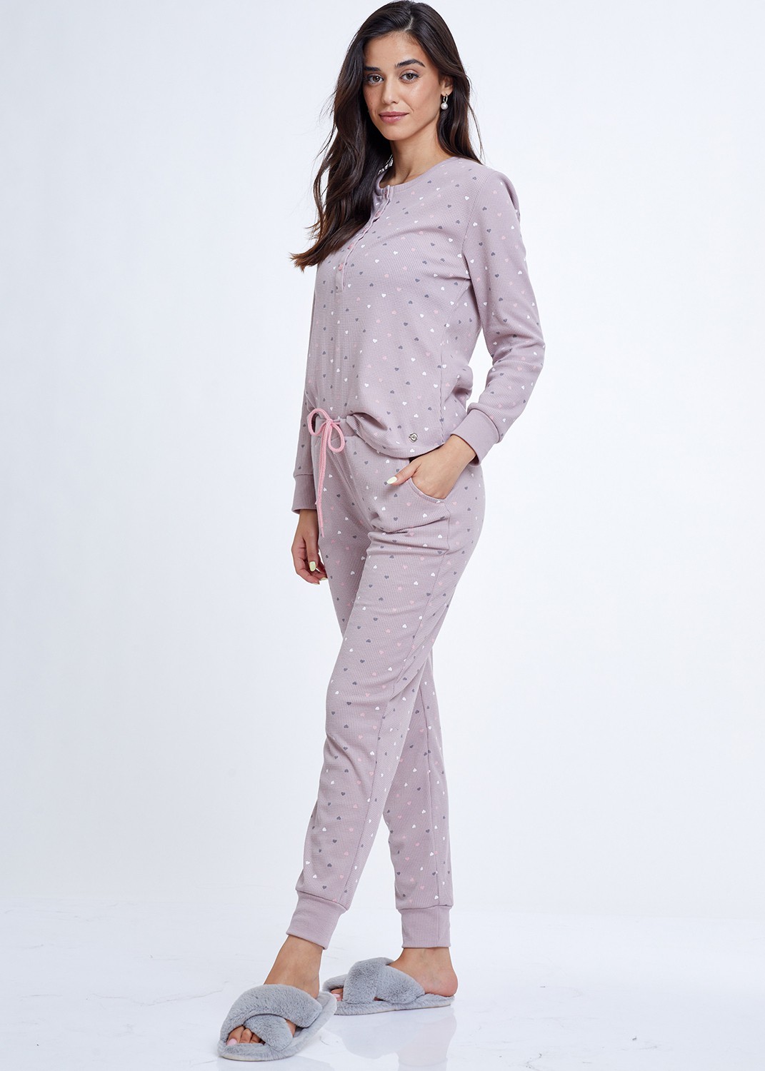 סט פיג'מה 100% כותנה Hearts Waffle Buttons PJ (Pajamas)