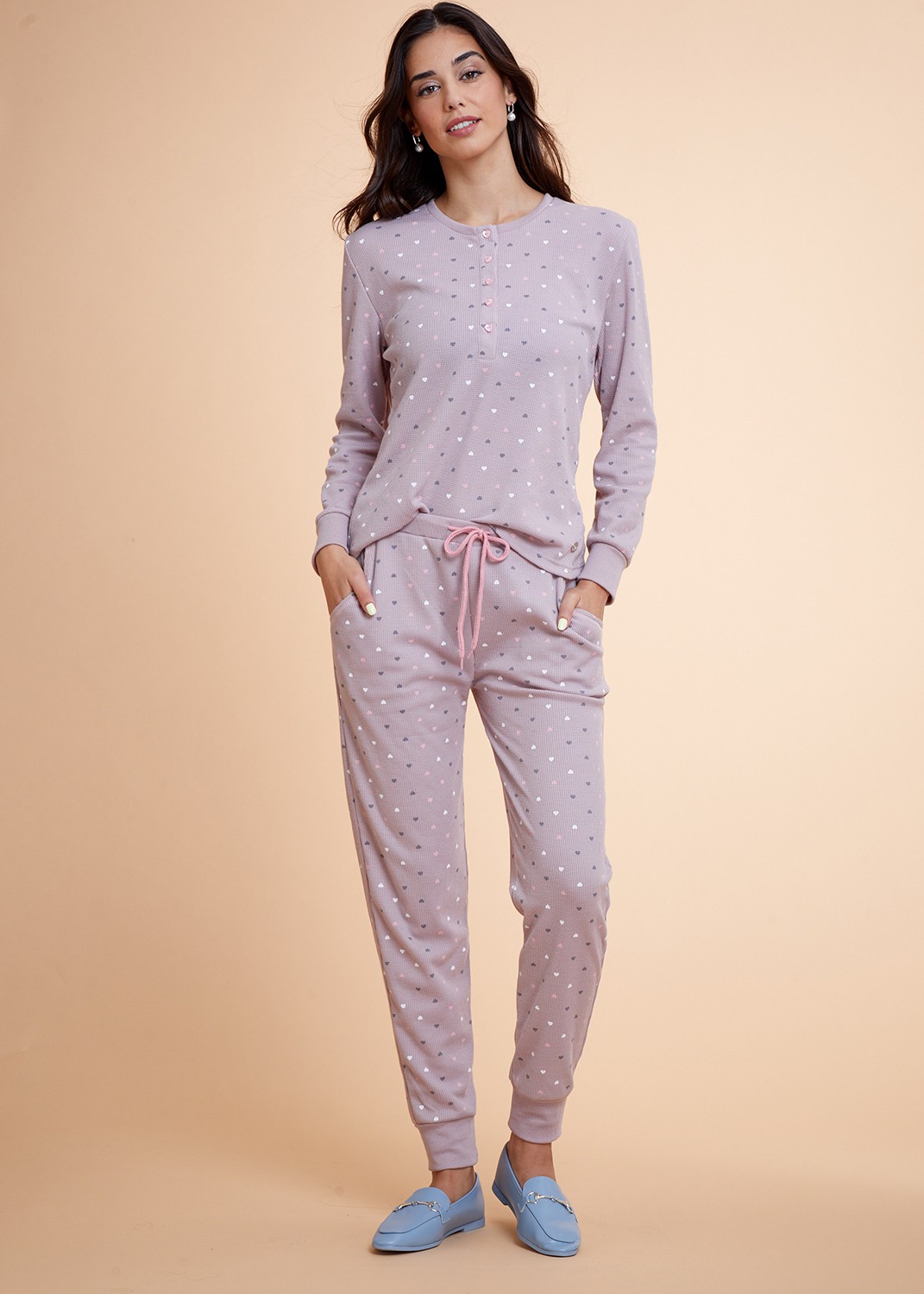 סט פיג'מה 100% כותנה Hearts Waffle Buttons PJ (Pajamas)