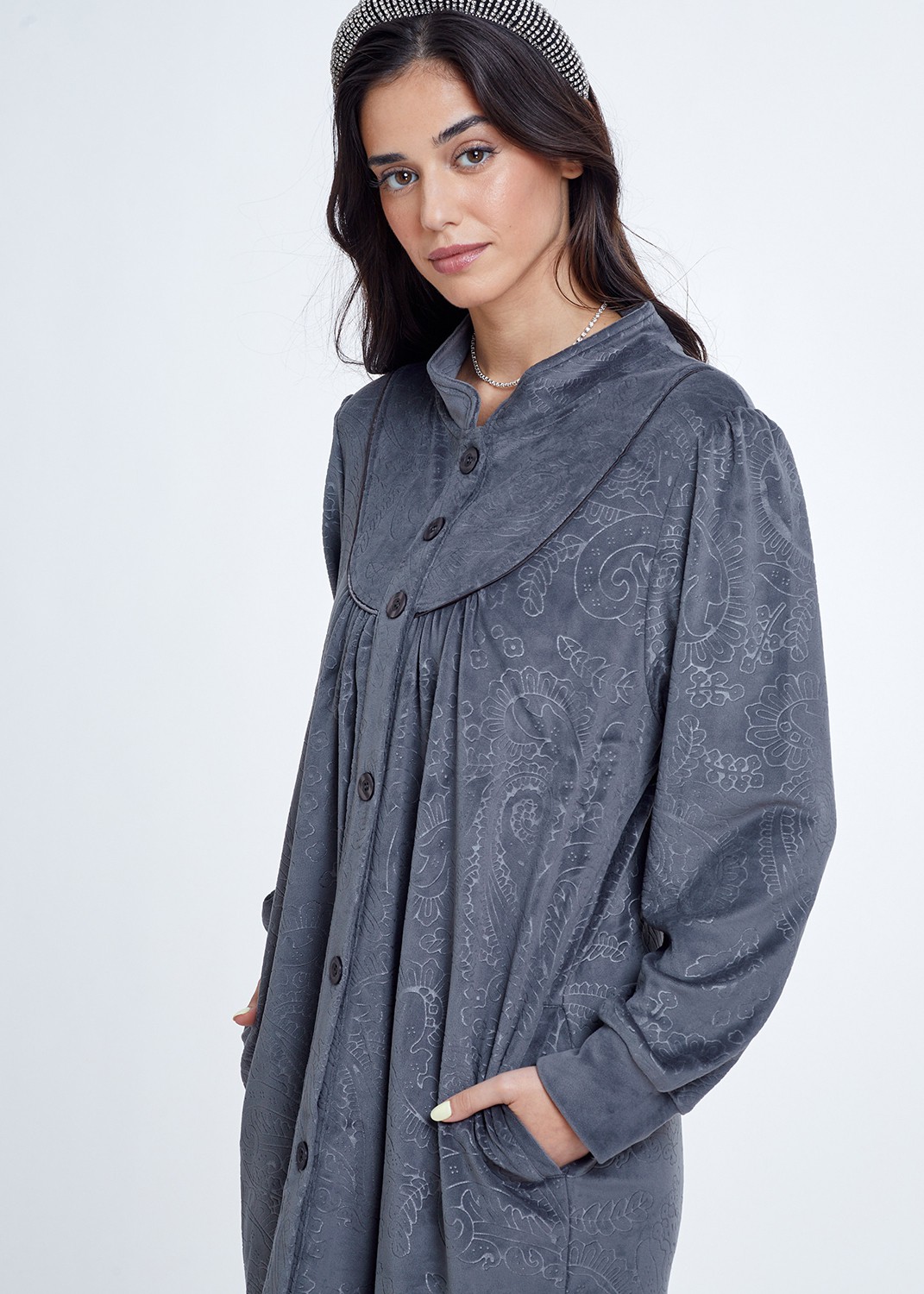 חלוק כפתורים קטיפה Embossed Zipper Velvet Night Dress (Pajamas)
