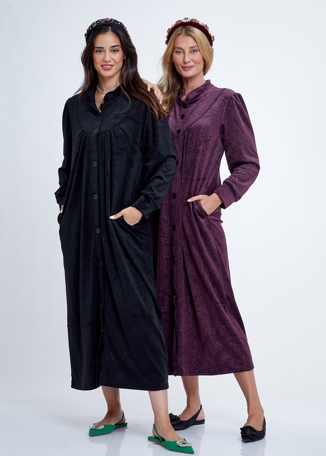 חלוק כפתורים קטיפה Embossed Zipper Velvet Night Dress (Pajamas)