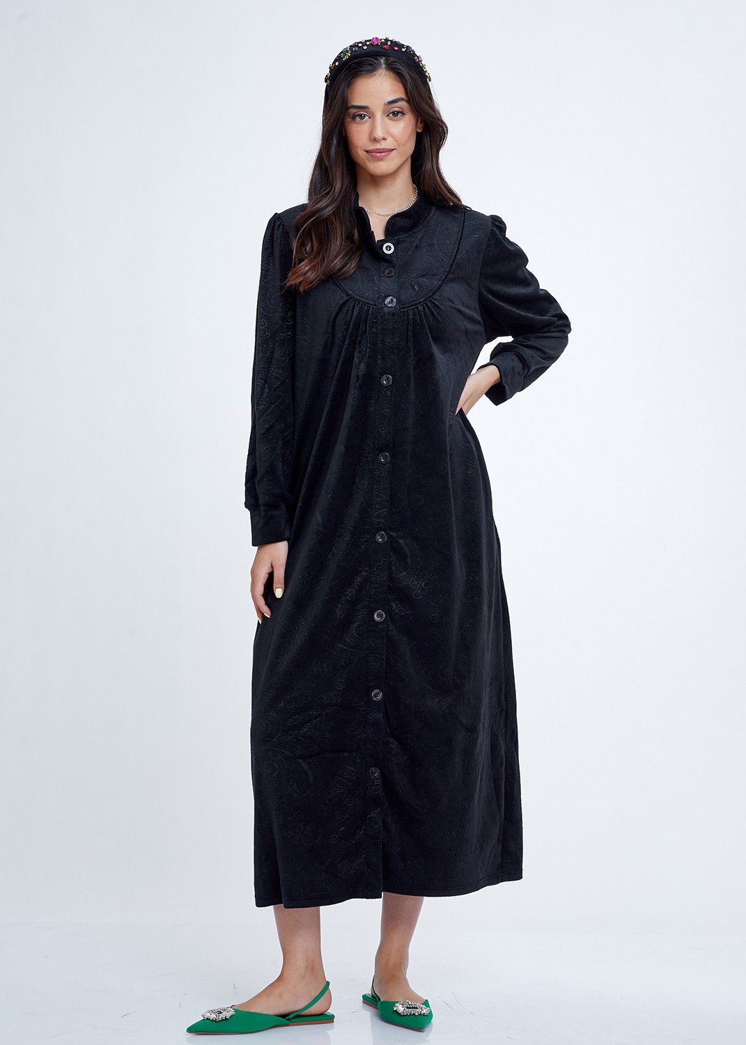 חלוק כפתורים קטיפה Embossed Zipper Velvet Night Dress (Pajamas)