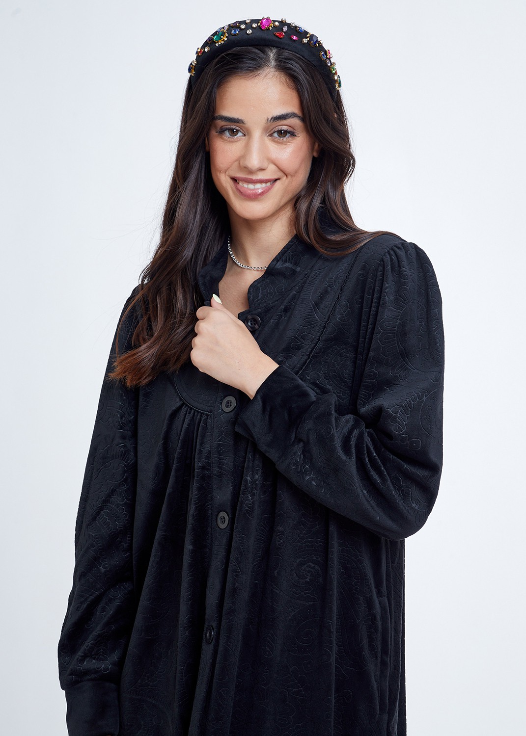 חלוק כפתורים קטיפה Embossed Zipper Velvet Night Dress (Pajamas)