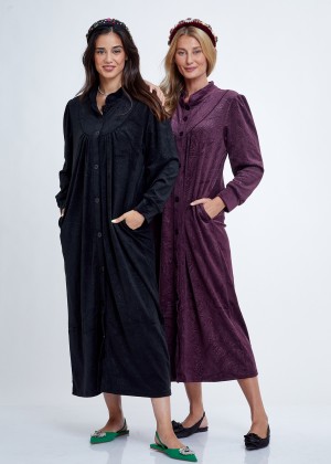 חלוק כפתורים קטיפה Embossed Zipper Velvet Night Dress (Pajamas)