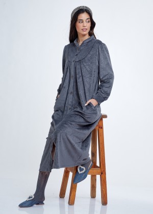 חלוק כפתורים קטיפה Embossed Zipper Velvet Night Dress (Pajamas)