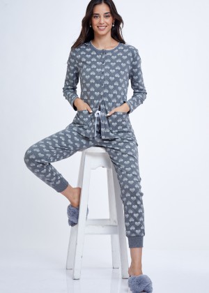 סט פיג'מה Dots Hearts Button 100% כותנה (Pajamas)